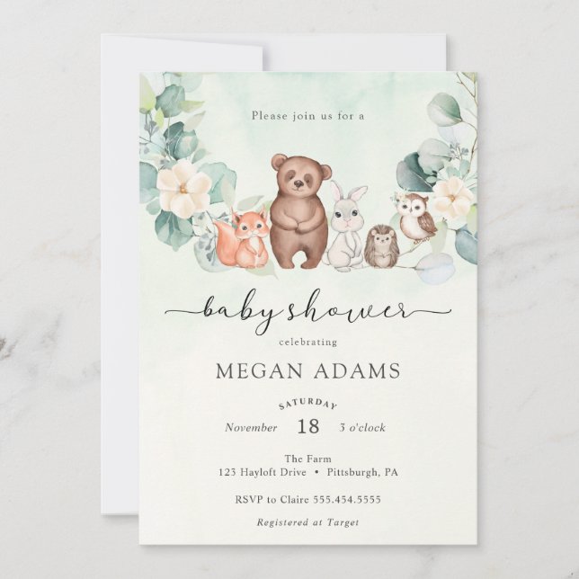Invitación Baby Shower de animales y flores de Woodland (Anverso)