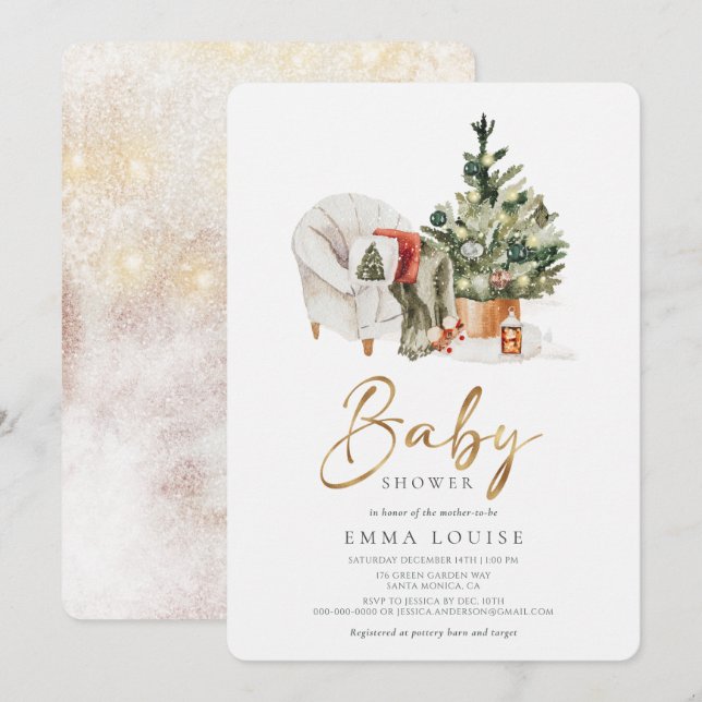 Invitación Baby Shower de árbol de navidad de invierno (Anverso / Reverso)