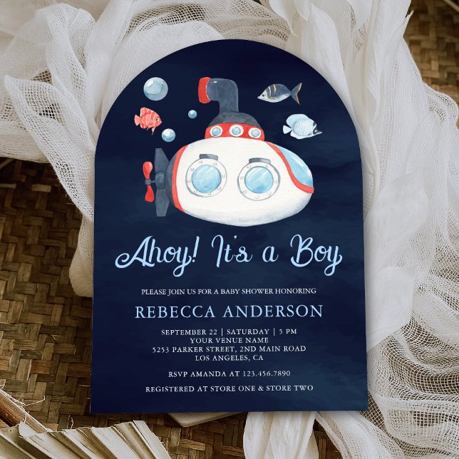 Invitación Baby Shower de arco azul de la marina náutica subm (Subido por el creador)