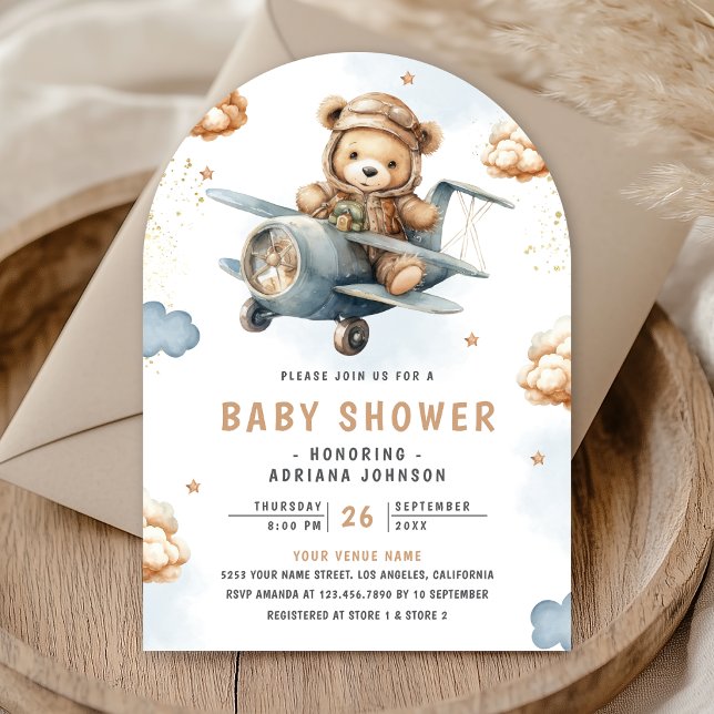 Invitación Baby Shower de arco de avión azul neutro Teddy Bea (Subido por el creador)