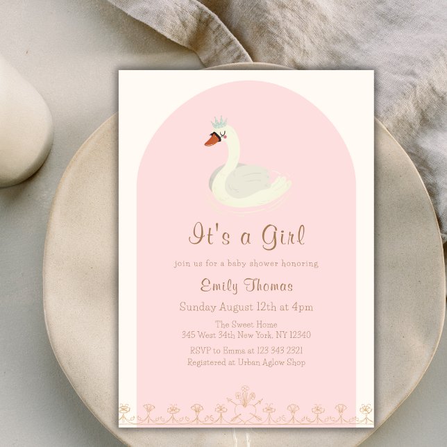 Invitación Baby Shower de Arco de Cisne Princesa Rosa Elegant (Pink Elegant Princess Swan Arch Baby Shower Invitation)