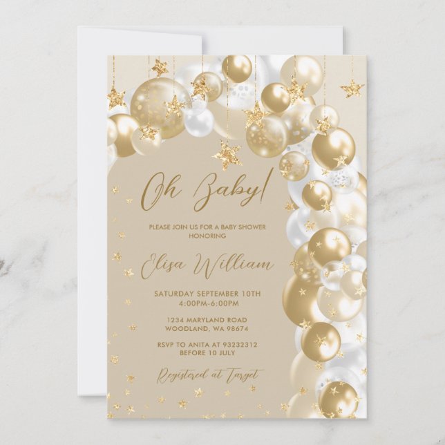 Invitación Baby Shower de Arco de Globo de Oro (Anverso)