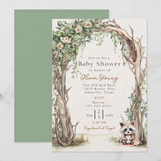 Invitación Baby Shower de Arco de Madera Rústica (Anverso / Reverso)