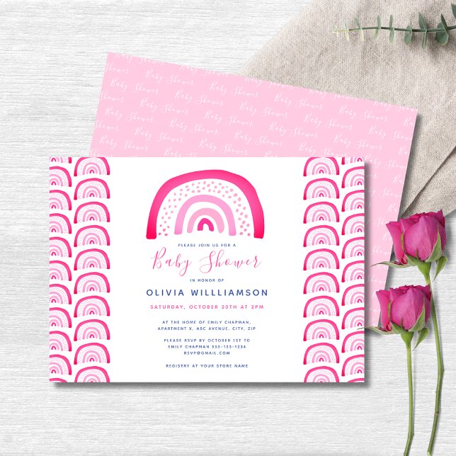 Invitación Baby Shower de arco iris rosado moderno (Pink rainbow baby shower landscape invitation.  Matching accessories and party range available.)