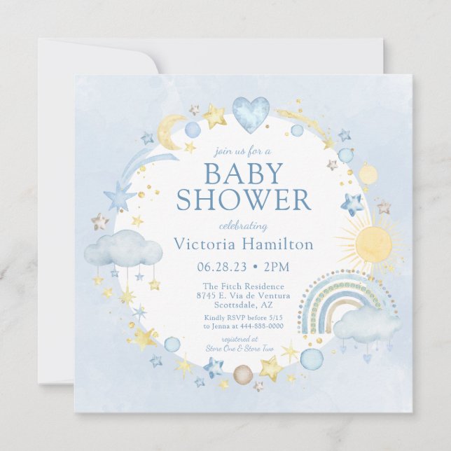 Invitación Baby Shower de arcoíris acuático (Anverso)