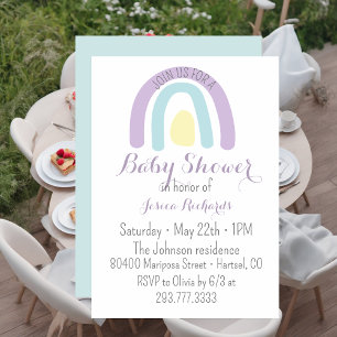 Invitación Baby Shower de arcoiris azul lilán color de agua