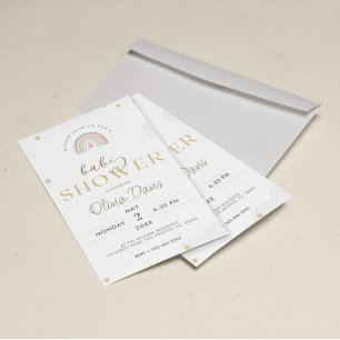 Invitación Baby Shower de arcoiris blanco mate de oro
