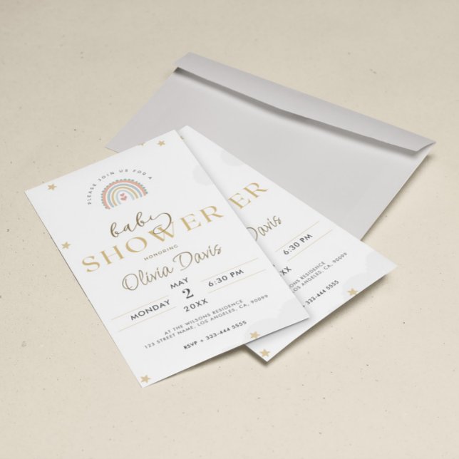 Invitación Baby Shower de arcoiris blanco mate de oro (Subido por el creador)