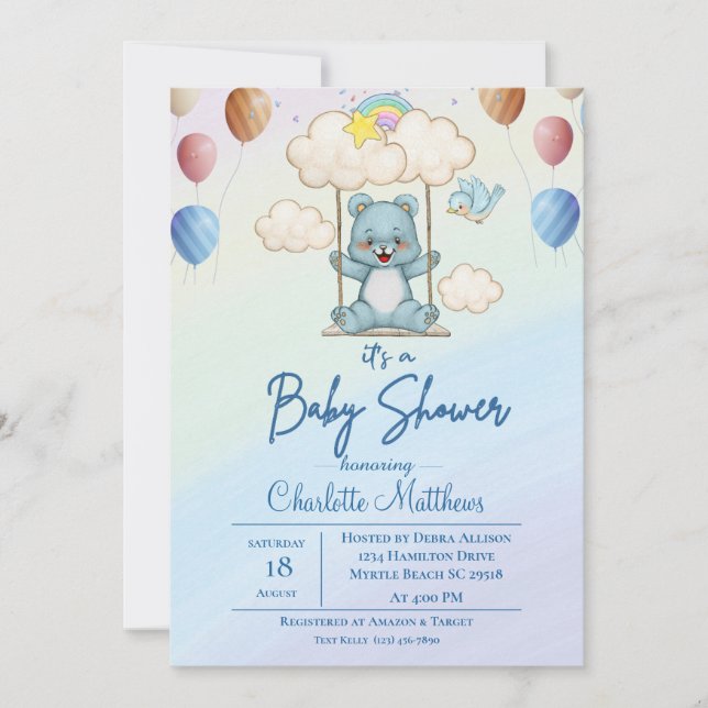 Invitación Baby Shower de arcoiris de barrido azul lindo (Anverso)