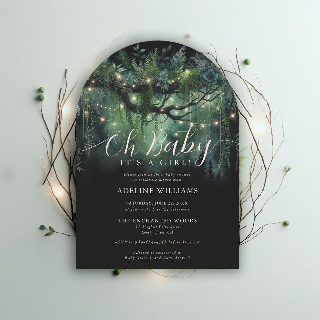 Invitación Baby Shower de arcos de bosque mágico encantado (enchanted forest baby shower emerald green boho arch magical woodland fairy tale faerie invitation)