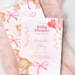 Invitación Baby Shower de arcos de oso rosado y globos