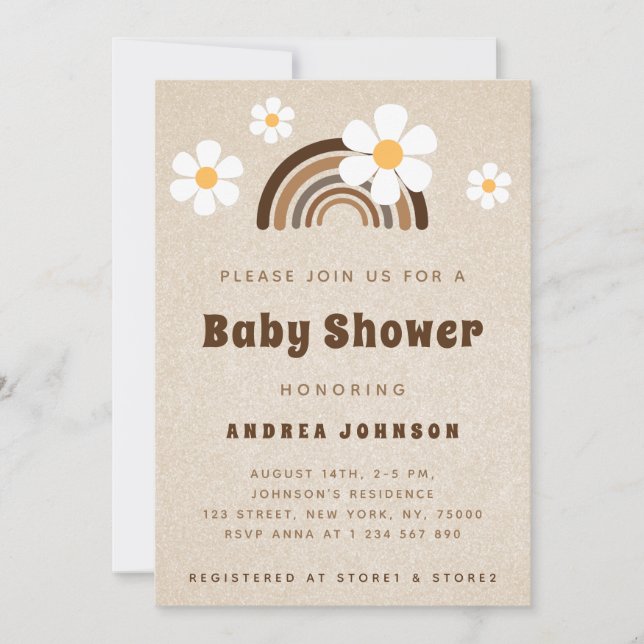 Invitación Baby Shower de arena floral marrón arco iris y mar (Anverso)