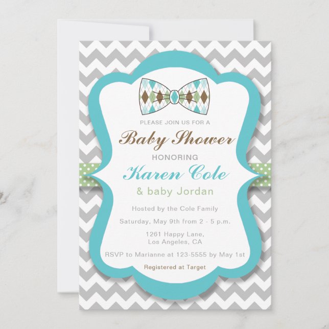 Invitación Baby Shower de Argyle Bow Tie Boy (Anverso)