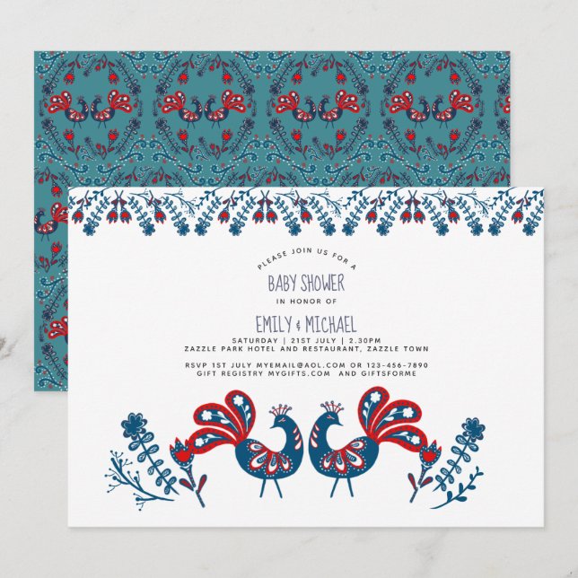 Invitación Baby Shower de arte popular invita a las aves esca (Anverso / Reverso)