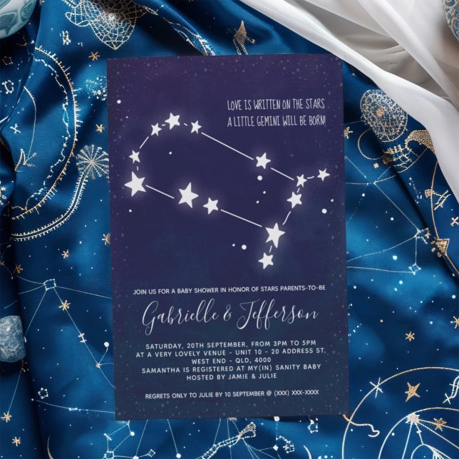 Invitación Baby Shower de astrología de Gemini (Celebrate with the star sign your little one will be born under. Nature takes its course.)