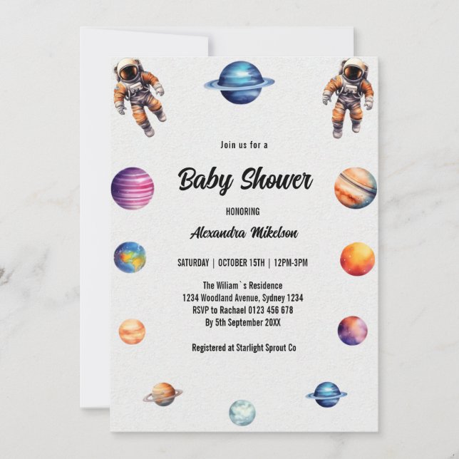 Invitación Baby Shower de astronauta espacial (Anverso)