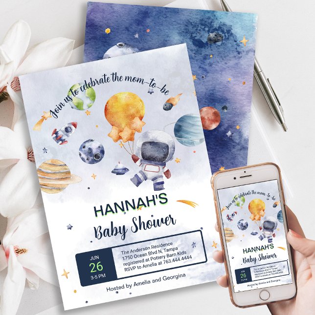 Invitación Baby Shower de astronauta Planeta en el espacio ul (Astronaut Planet Outer Space Baby Shower Invitation)