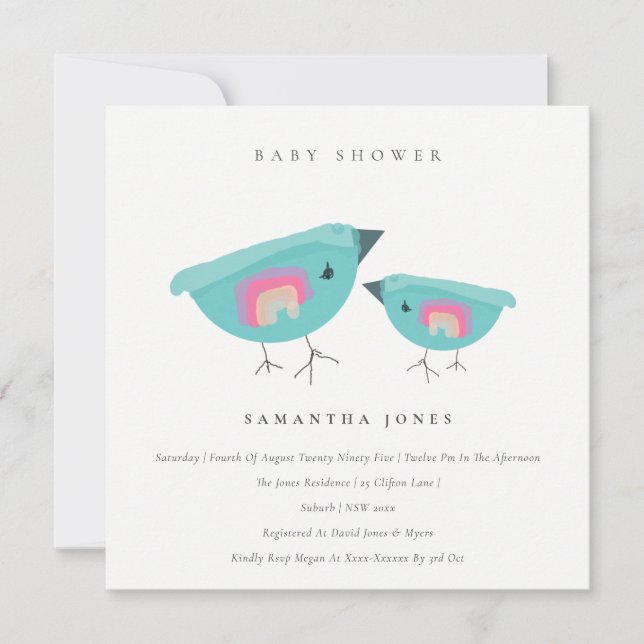 Invitación Baby Shower de Aves Azules Arcoiris de Mano Corta (Anverso)