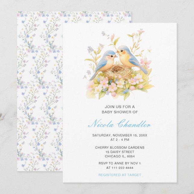 Invitación Baby Shower de aves de primavera (Anverso / Reverso)