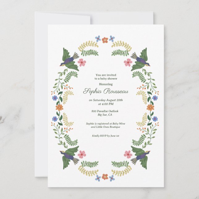 Invitación Baby Shower de Aves Florales Caprichosas (Anverso)