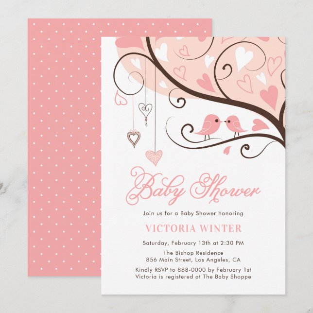 Invitación Baby Shower de Aves Rosadas y Cadáveres de Corazón (Anverso / Reverso)