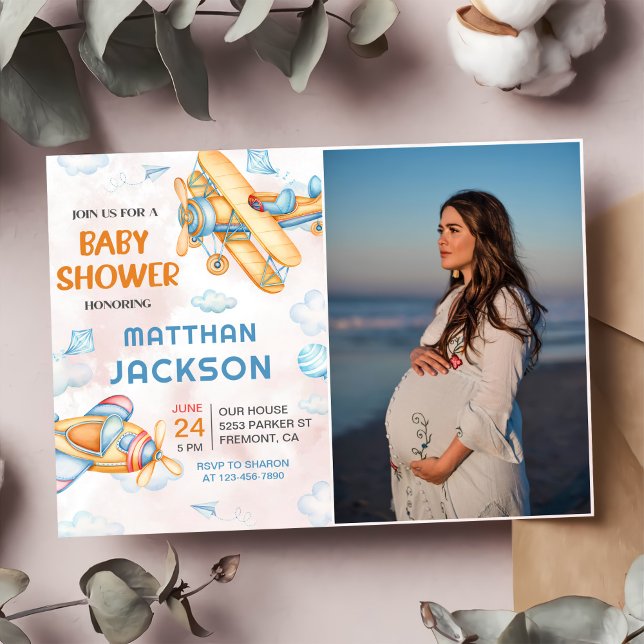 Invitación Baby Shower de avión amarillo retro curtido (Subido por el creador)