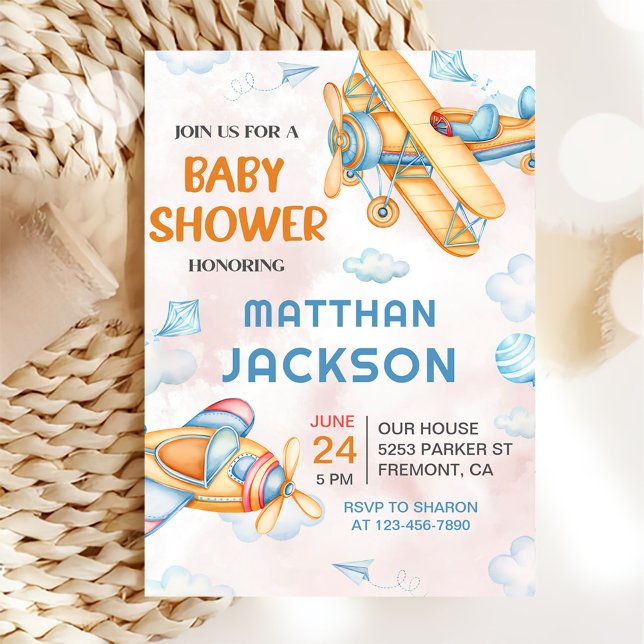 Invitación Baby Shower de avión amarillo retro curtido (Subido por el creador)