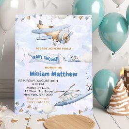Invitación Baby Shower de avión azul cúter retro