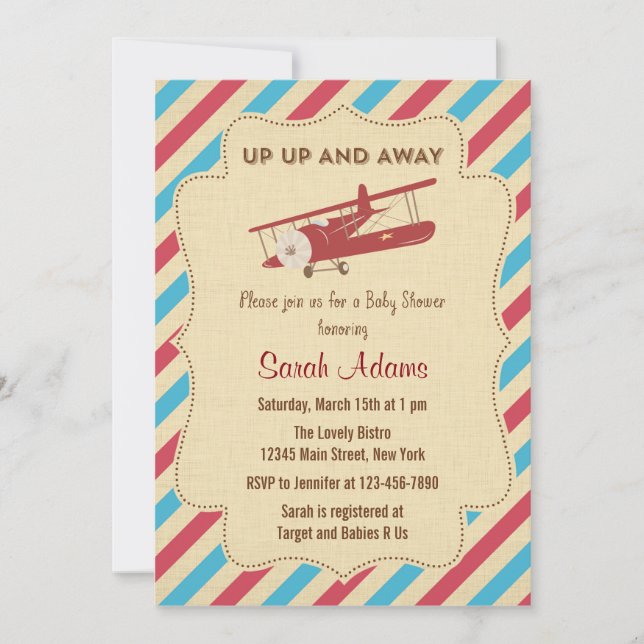 Invitación Baby Shower de avión rojo y azul (Anverso)