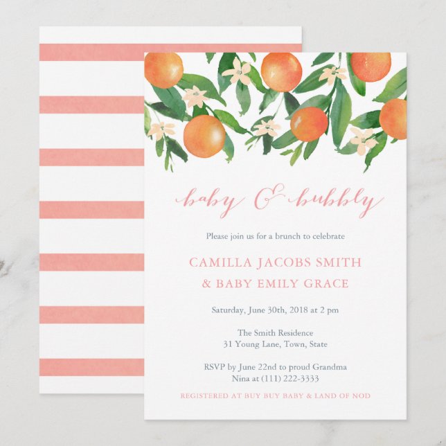 Invitación Baby Shower de Baby and Bubbly Brunch para Chica (Anverso / Reverso)