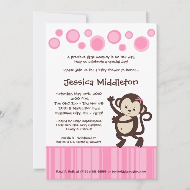 Invitación Baby Shower de baile de mono rosado las (Anverso)