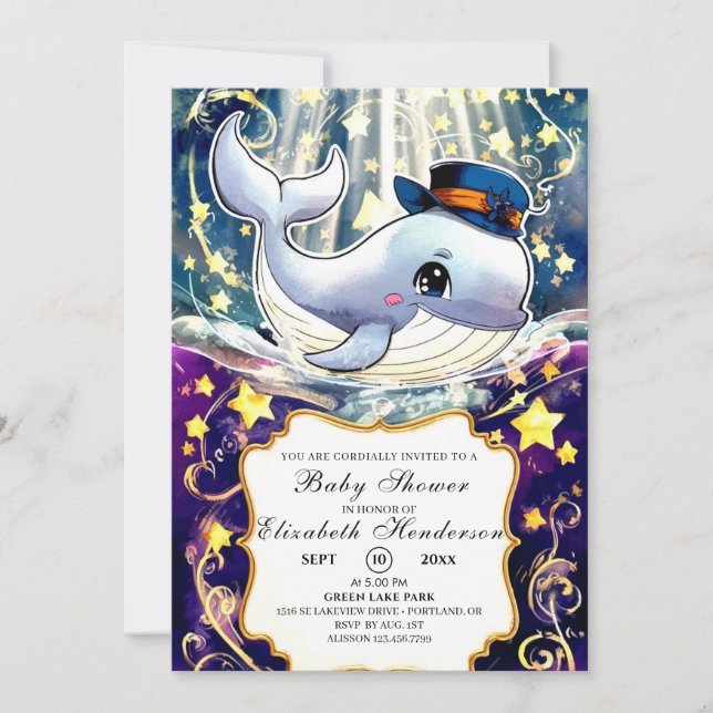 Invitación Baby Shower de ballena acuarela (Anverso)
