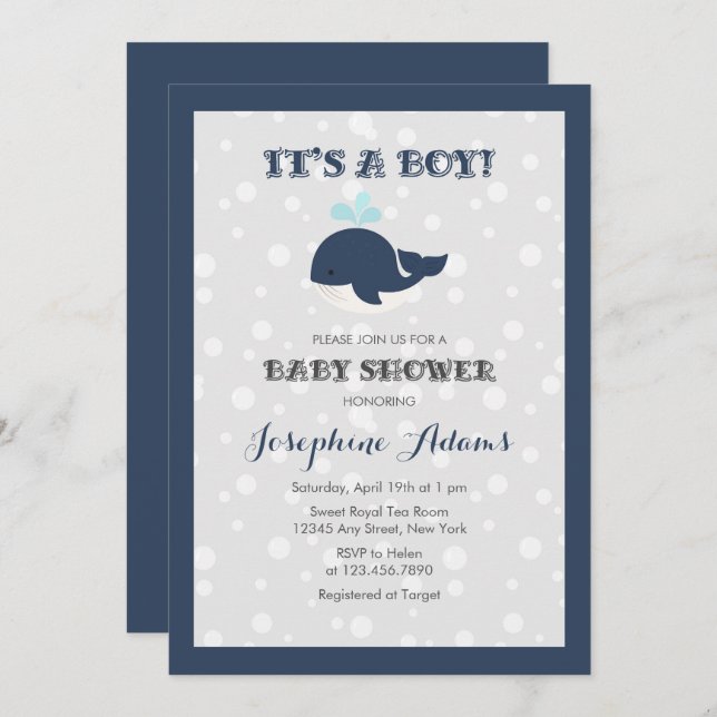 Invitación Baby Shower de ballena azul marina (Anverso / Reverso)
