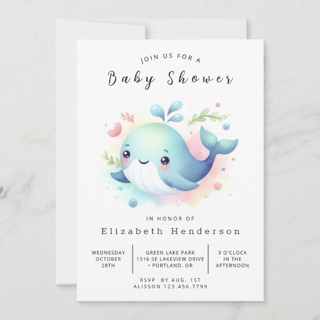 Invitación Baby Shower de ballena digital de mar (Anverso)