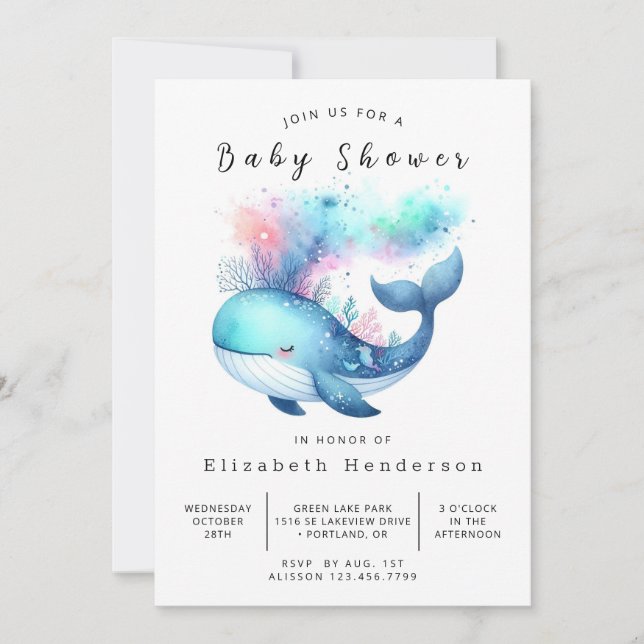 Invitación Baby Shower de ballena digital de mar (Anverso)