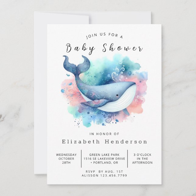 Invitación Baby Shower de ballena digital de mar (Anverso)