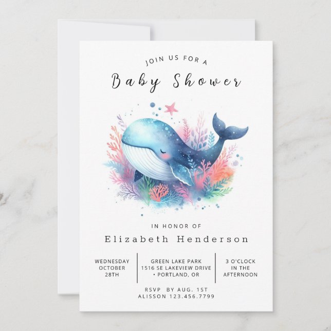 Invitación Baby Shower de ballena digital de mar (Anverso)