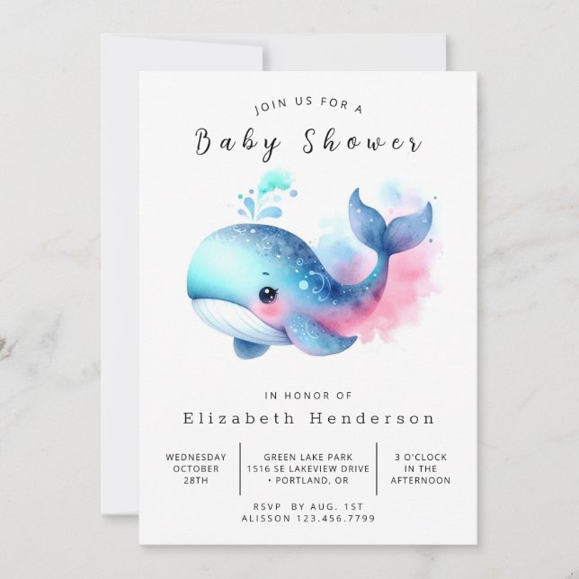 Invitación Baby Shower de ballena digital de moda (Anverso)