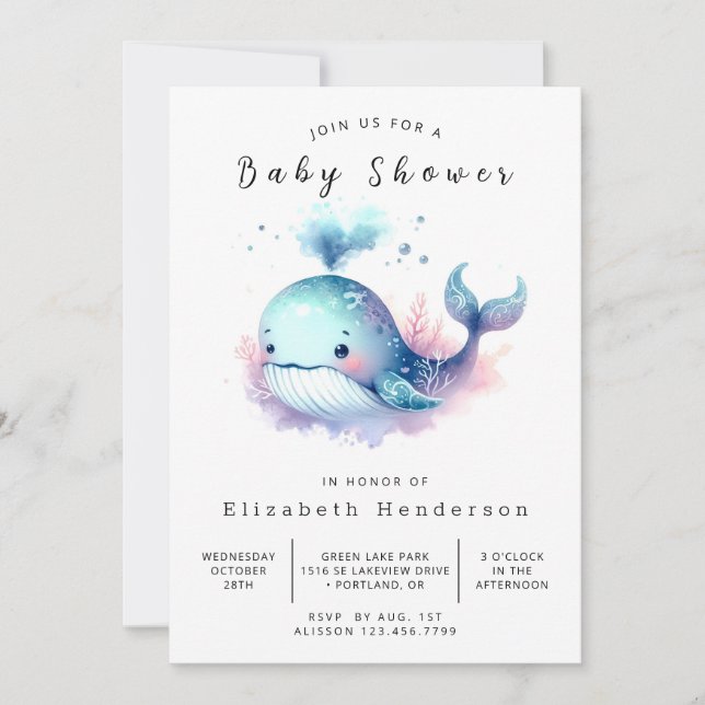 Invitación Baby Shower de ballena digital de moda (Anverso)