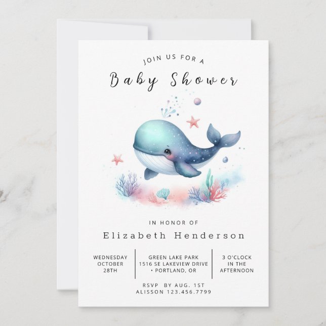 Invitación Baby Shower de ballena digital de moda (Anverso)