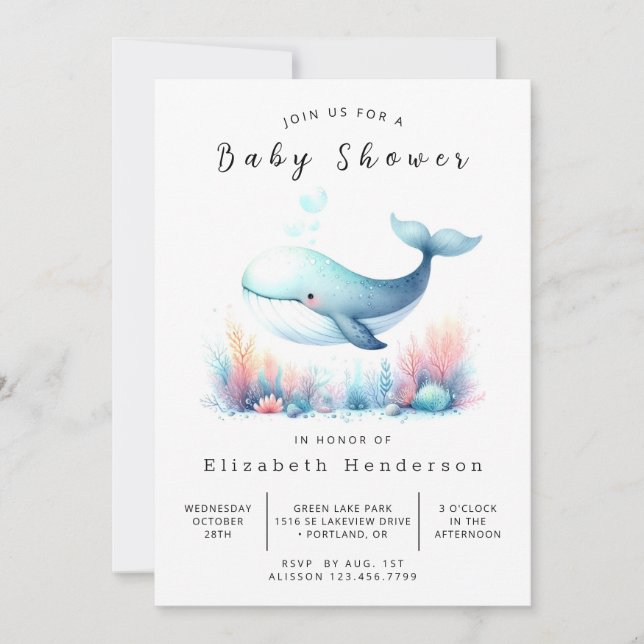 Invitación Baby Shower de ballena digital nautical (Anverso)