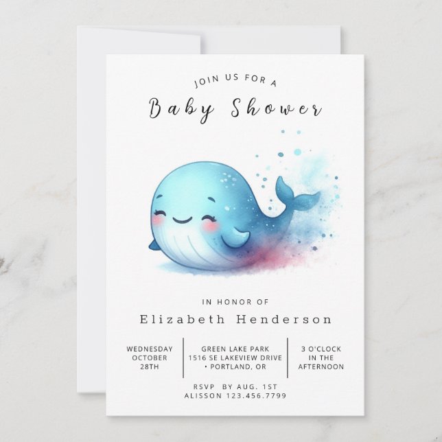 Invitación Baby Shower de ballena digital neutral de género (Anverso)