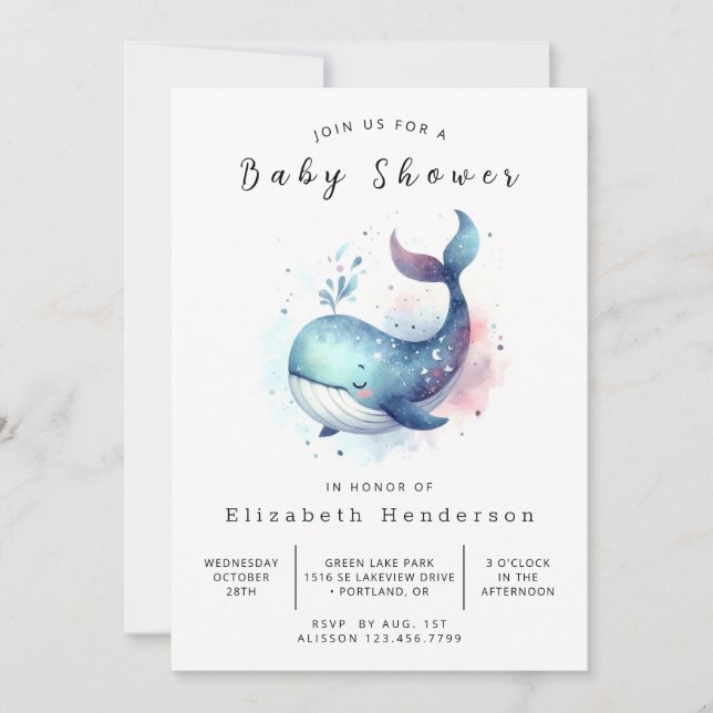 Invitación Baby Shower de ballena digital Pastel (Anverso)