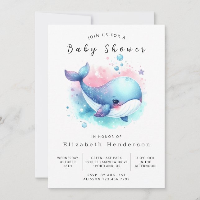 Invitación Baby Shower de ballena digital simple (Anverso)