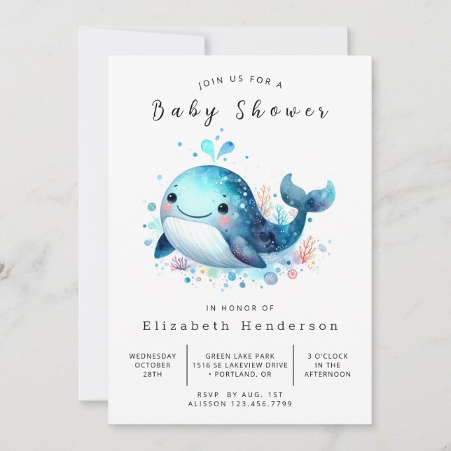 Invitación Baby Shower de ballena digital simple (Anverso)