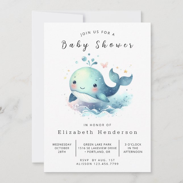 Invitación Baby Shower de ballena digital simple (Anverso)