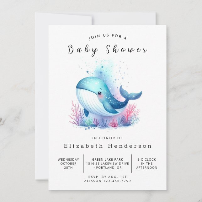 Invitación Baby Shower de ballena digital subacuática (Anverso)