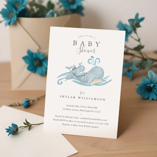 Invitación Baby Shower de ballena dulce y rica en mariscos (Cute Whimsical Mommy & Baby Whale Baby Shower Invitation)