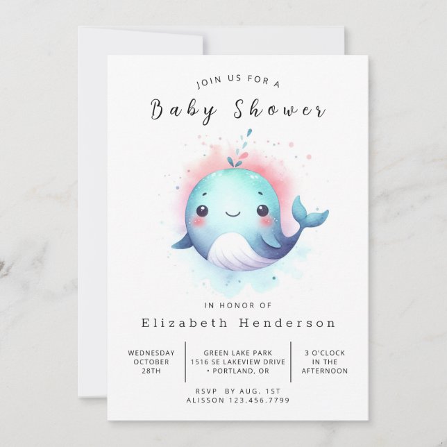 Invitación Baby Shower de ballena editable bohemio (Anverso)