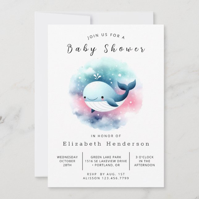 Invitación Baby Shower de ballena editable clásico (Anverso)